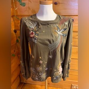 Johnny Was Green Embroidered Shirt Size Small